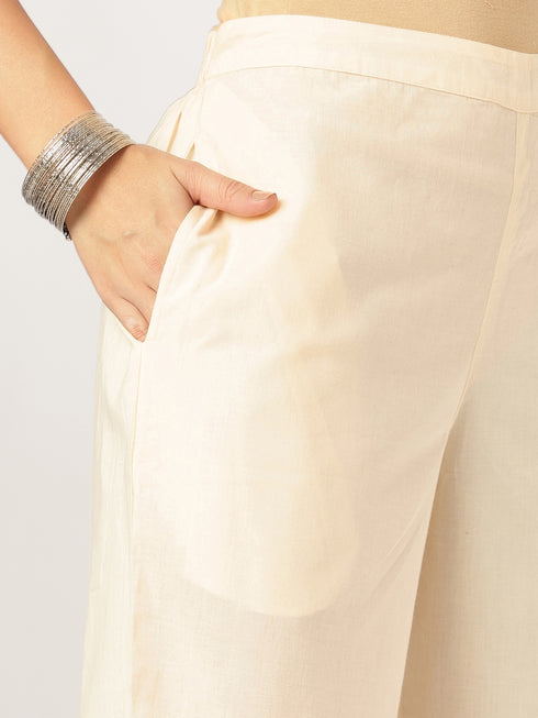 Cream Pure Cotton Yoke Embroidered A-line Kurta Set
